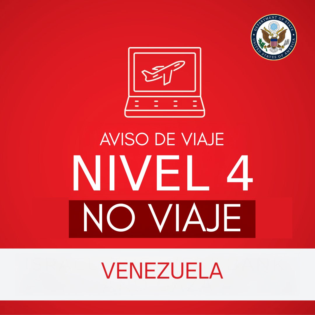 USAenEspanol's tweet image. Al 18 de julio, no hay ningún estadounidense detenido injustamente en Venezuela. Estados Unidos esta comprometida a prevenir futuras detenciones injustas. Los estadounidenses NO DEBEN viajar a Venezuela, ya que el riesgo de detención injusta es EXTREMADAMENTE alto.…