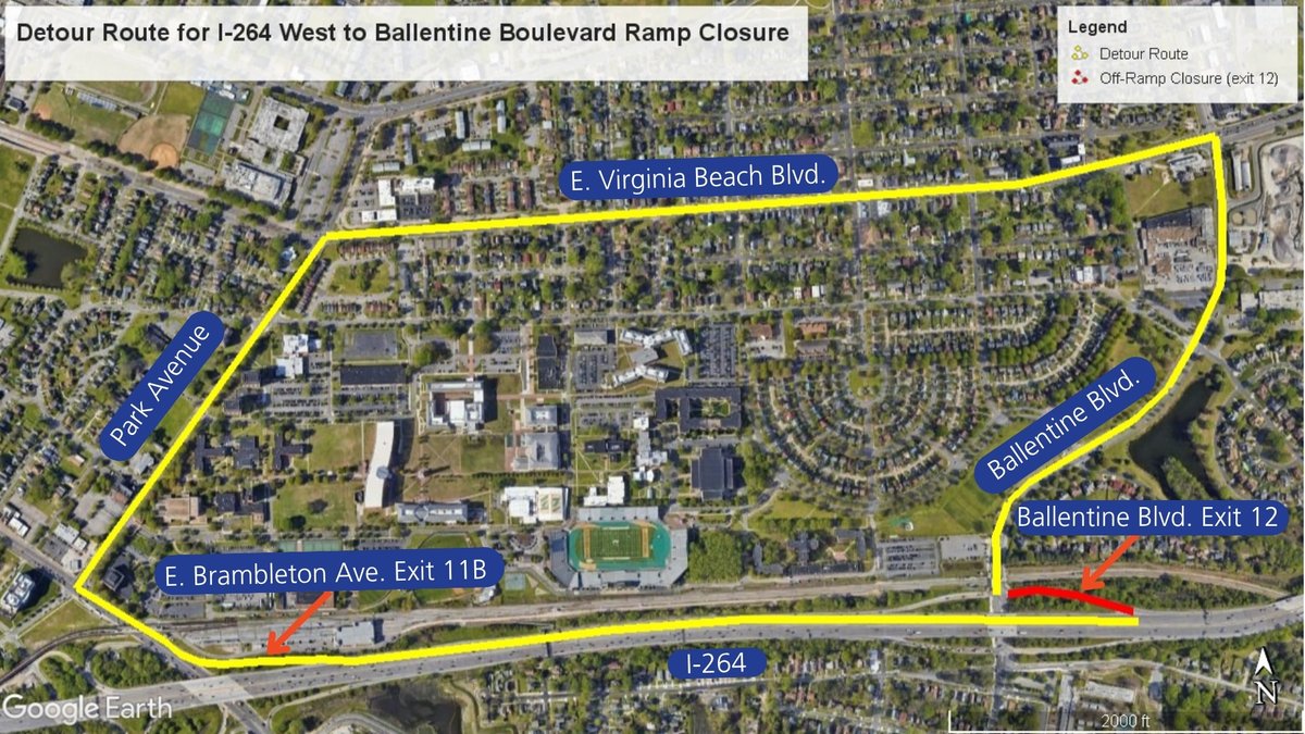 VaDOTHR's tweet image. 🚧 @NorfolkVA: Starting as early as overnight July 25, the I-264 west off-ramp to Ballentine Blvd. (exit 12) will close for several weeks for ramp widening work. Detour via exit 11B to East Brambleton Ave.
More: conta.cc/4kTcMwL
@VaDOT #hrtraffic