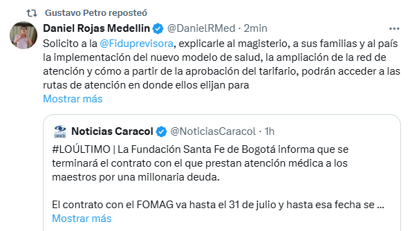 Esta no es una simple captura de pantalla.

1/ Un ministro de PETRO cuestiona a una entidad manejada por PETRO, debido a su pésima gestión del sistema de salud de los maestros.

2/ Petro le da RT a lo anterior como si no tuviera nada que ver con eso.

Previo a la locura.