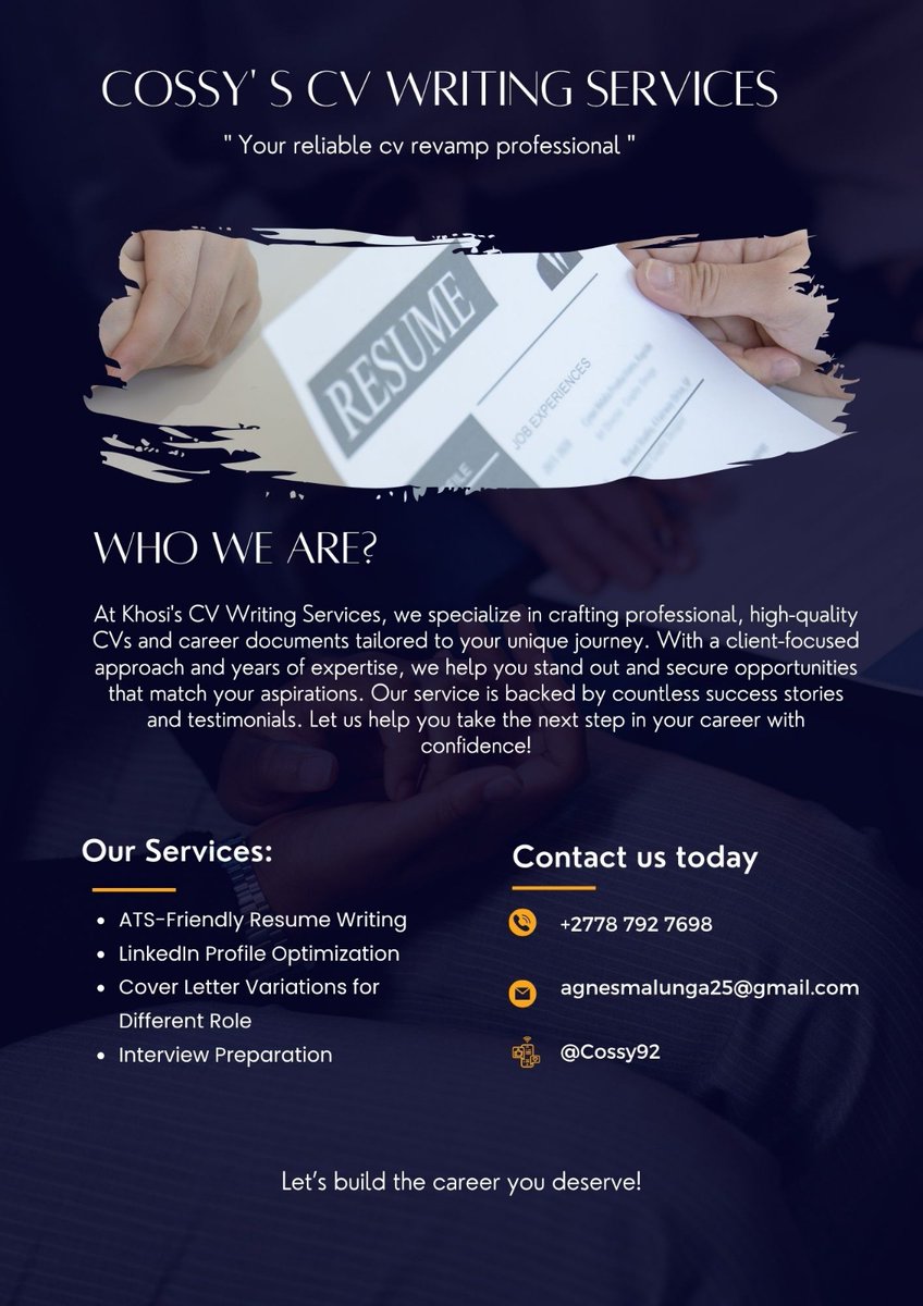 Khosi Malunga (@cossy92) on Twitter photo We are here to Assist you with your professional CV for more information WhatsApp 078 792 7698
#JobSeekersSA We are here to Assist you with your professional CV for more information WhatsApp 078 792 7698
#JobSeekersSA
