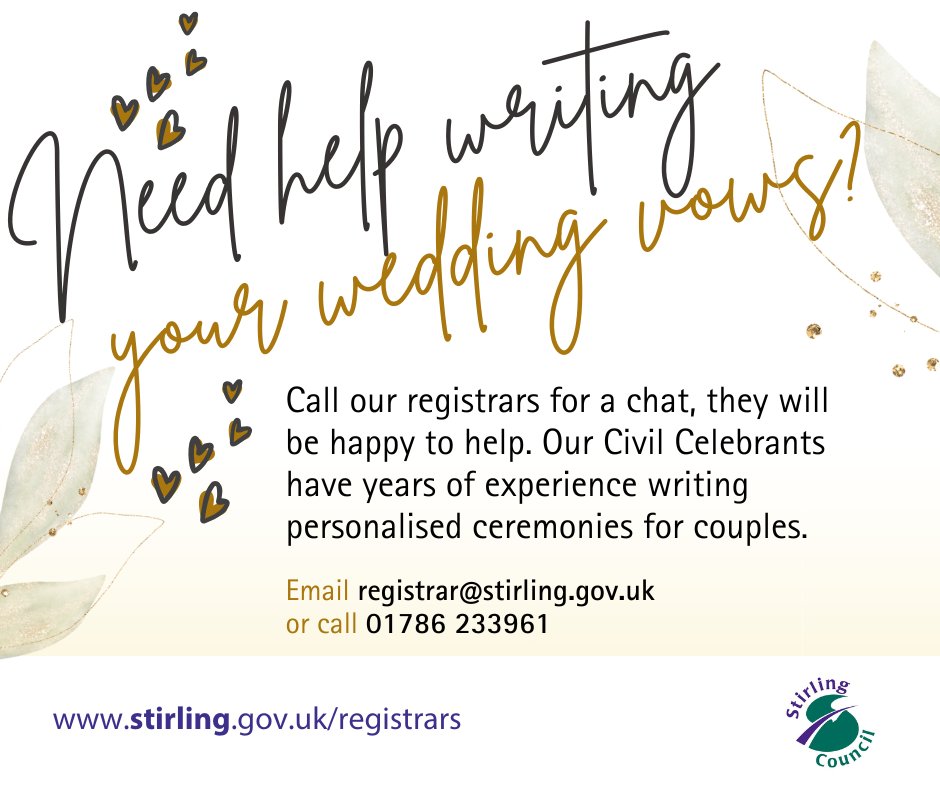 StirlingCouncil's tweet image. 💍Need help writing your wedding vows?
Call our registrars today for a chat who are more than happy to help.
More information at stirling.gov.uk/registrars