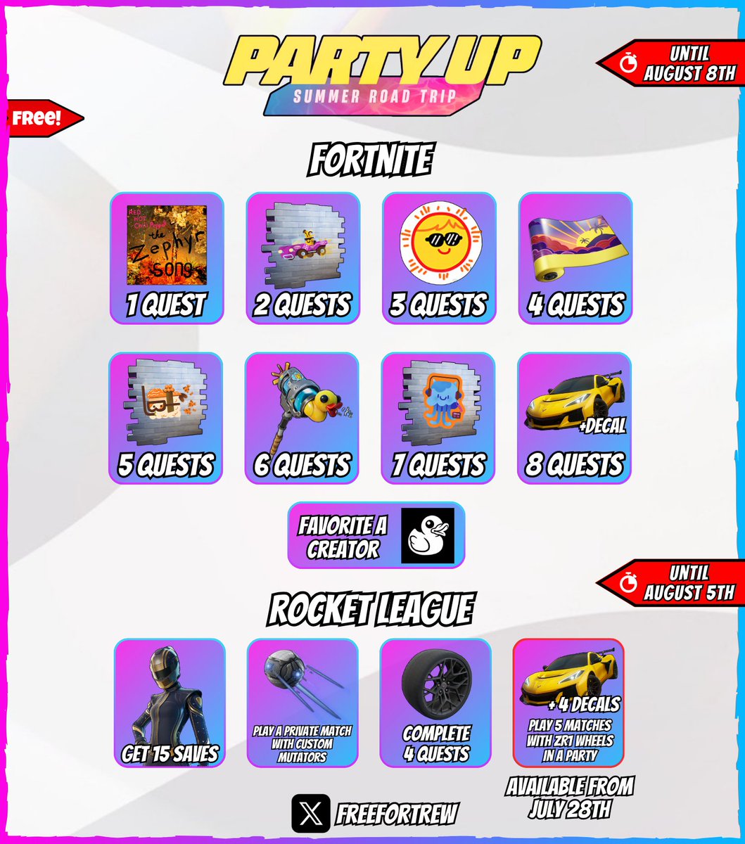Summer Road Trip Rewards Guide

Complete Summer Road Trip Quests in Fortnite and Rocket League.

📅 Available until:
• August 5th (Rocket League)
• August 8th (Fortnite)