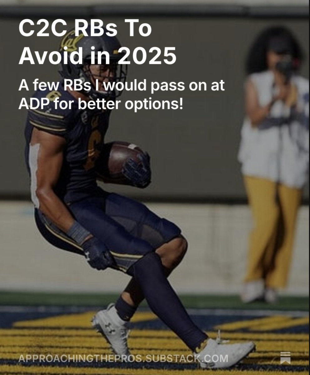 Andrew Woodruff (@_devyscout) on Twitter photo The best way to win your #C2C leagues is by avoiding a bunch of risky bets at cost. Here are some college RBs I would pivot away from in drafts with ideas of potential alternatives in similar ranges for some actionable advice. <a href="/MyFantasyLeague/">MyFantasyLeague.com</a>
open.substack.com/pub/approachin… The best way to win your #C2C leagues is by avoiding a bunch of risky bets at cost. Here are some college RBs I would pivot away from in drafts with ideas of potential alternatives in similar ranges for some actionable advice. <a href="/MyFantasyLeague/">MyFantasyLeague.com</a>
open.substack.com/pub/approachin…