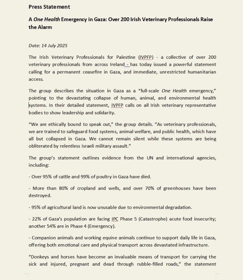 IrePalestine's tweet image. Irish Veterinary Professionals for Palestine are raising awareness about agriculture in Gaza.
Our people's ability to farm their own food has been decimated by Israel, over 95% of agricultural land is now unusable.
This group have called for all Irish representative veterinary…
