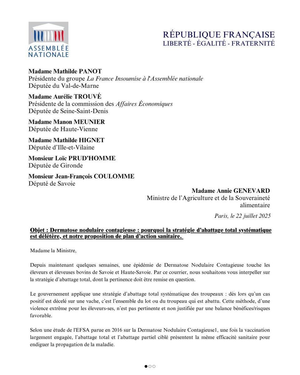 FiAssemblee's tweet image. 🔴📄 Dermatose nodulaire contagieuse : pourquoi la stratégie d’abattage total systématique est délétère, et notre proposition de plan d’action sanitaire.
➡️ Courrier de Mathilde Panot, Aurélie Trouvé, Manon Meunier, Mathilde Hignet, Loïc Prud'homme et Jean-François Coulomme à la…