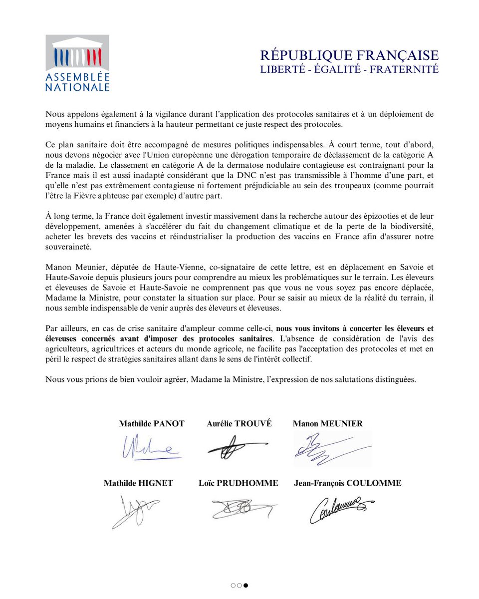 FiAssemblee's tweet image. 🔴📄 Dermatose nodulaire contagieuse : pourquoi la stratégie d’abattage total systématique est délétère, et notre proposition de plan d’action sanitaire.
➡️ Courrier de Mathilde Panot, Aurélie Trouvé, Manon Meunier, Mathilde Hignet, Loïc Prud'homme et Jean-François Coulomme à la…