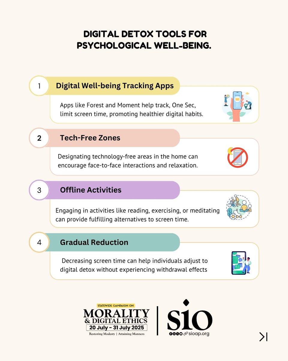 SIO_AP's tweet image. 📵 Constant screen time is silently affecting our minds.

🧠 Effects:
• Anxiety &amp;amp; Stress
• Sleep Disruption
• Depression
• Poor Focus

💡 Detox Tips:
✅ Track usage
🚫 Tech-free zones
📚 Offline activities
📉 Gradual reduction

#DigitalDetox | #MentalHealth | #SIOAP