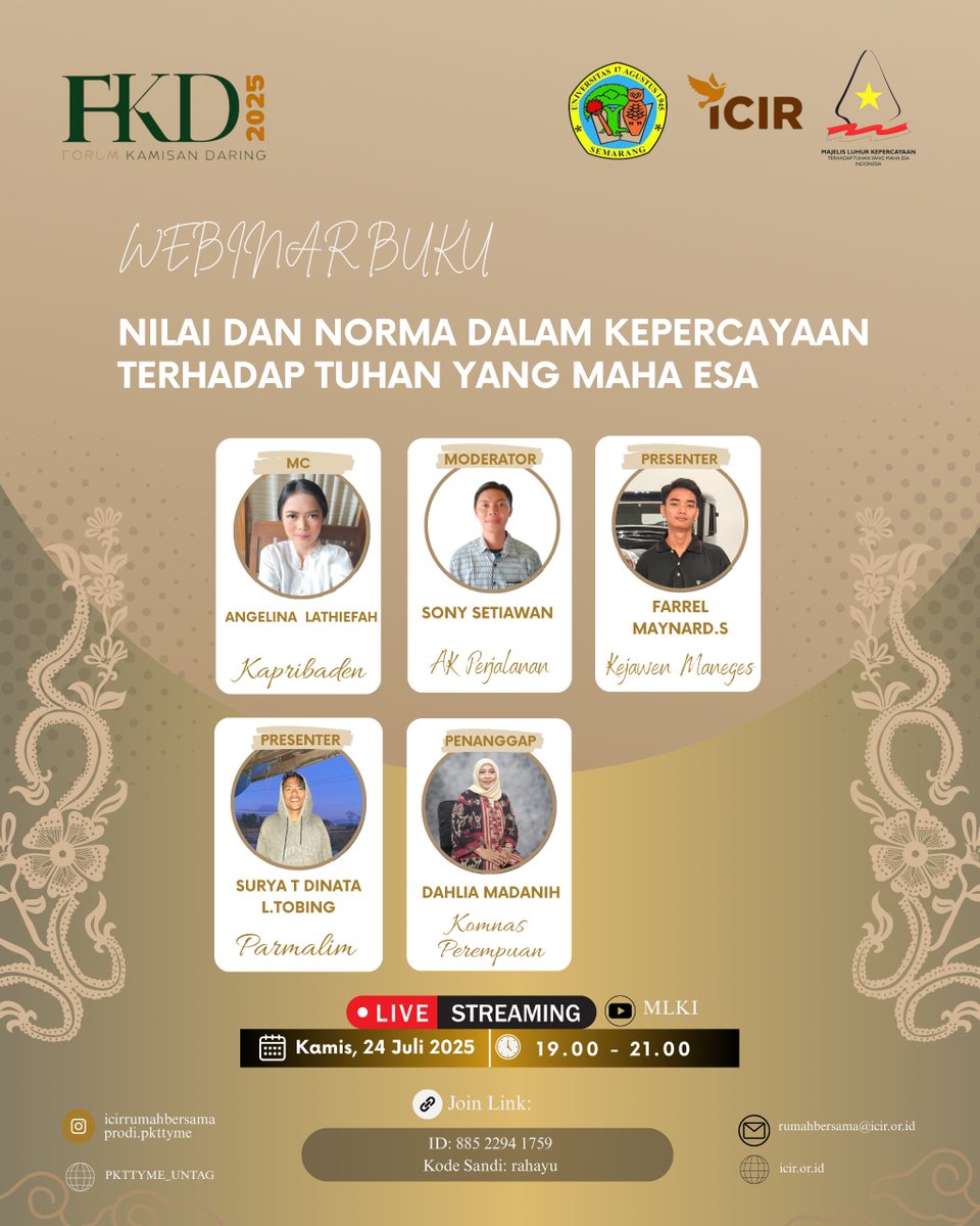 KomnasPerempuan's tweet image. WEBINAR BUKU FORUM KAMISAN DARING 2025
&quot;Nilai dan Norma dalam Kepercayaan terhadap Tuhan Yang Maha Esa&quot;

Yuk, ikut menyimak dan berdiskusi bersama para narasumber lintas kepercayaan tentang nilai-nilai luhur dan norma dalam tradisi kepercayaan terhadap Tuhan Yang Maha Esa.…
