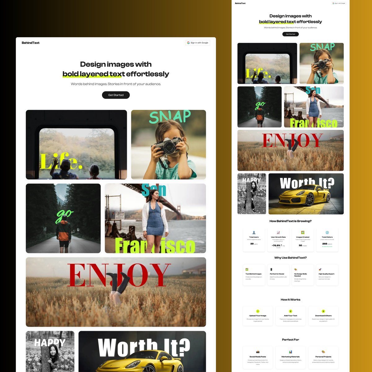 Design bold, layered text on your images effortlessly — perfect for storytelling visuals.

🎨 Clean and modern landing page ready to use!

📎 Link: behindtext.com

#UIDesign #LandingPage #WebDesign #CreativeTools #Figma #DesignResource