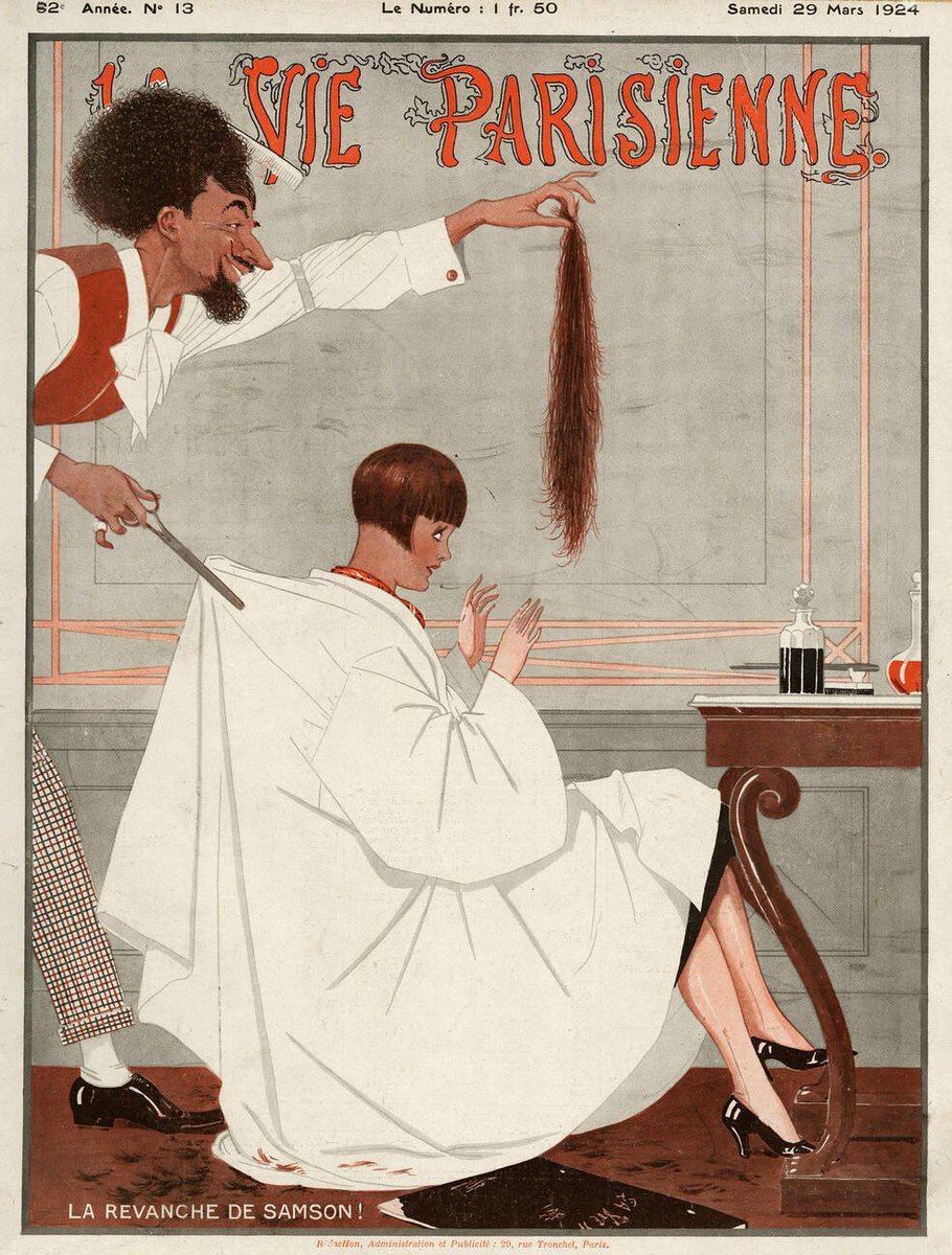 I love the obsession of magazine illustrators in the 1920s with women getting their hair cut short by flamboyant barbers. La Vie Parisienne, 1924.