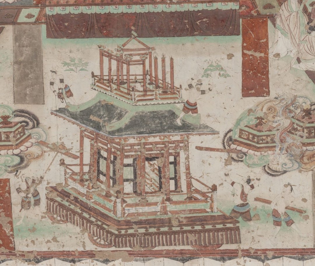 Construction and demolition scenes in ancient paintings
p1 is a mural in Cave 25 of Yulin Grottoes, Tang Dynasty, showing a Buddhist legend. Maitreya gave the Qibao Tai(七宝台) to the Brahmans, who immediately demolished and divided it up. Maitreya was inspired by this. ——