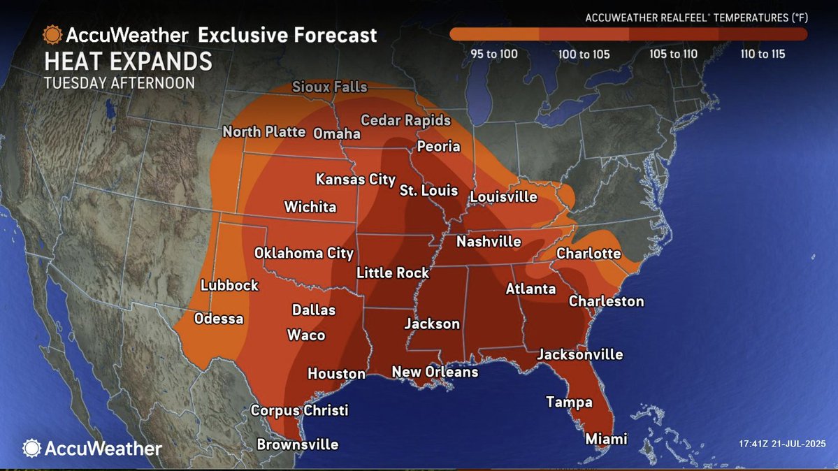 kmoxnews's tweet image. Weather @accuweather TUESDAY
*EXTREME HEAT WARNING THROUGH THURSDAY EVENING; REALFEELS WILL BE IN THE 100s TO 110s!*
•Today-Partly sunny with some spotty storms. High 92.
•Tonight-Clear, warm and very humid. Low 78.
•Tomorrow-Mostly sunny and Hot. High 98.