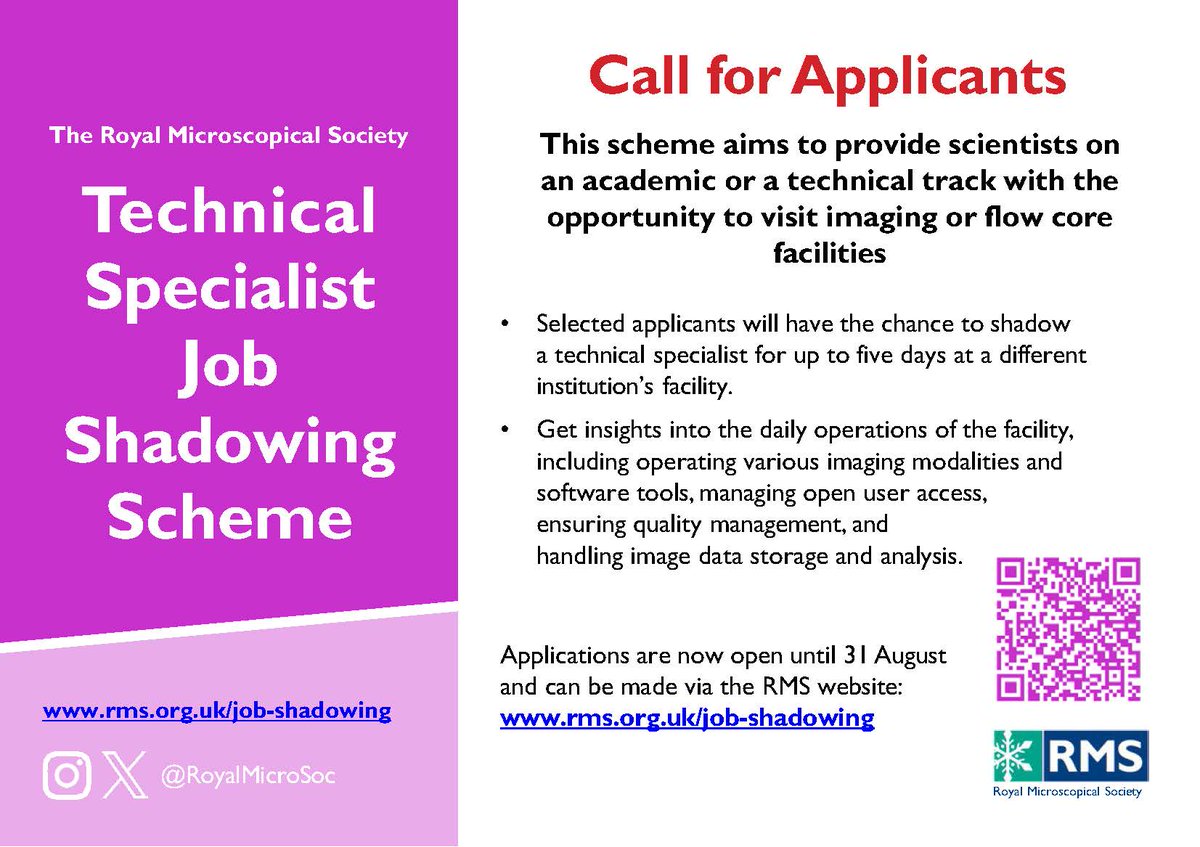 RoyalMicroSoc's tweet image. 📣 Applications are *open* for our Technical Specialist Job Shadowing scheme in #microscopy, #imaging and #FlowCytometry
Spend up to five days at a UK imaging or flow core facility and learn first-hand about the technical job roles essential to their running 🔬😃…