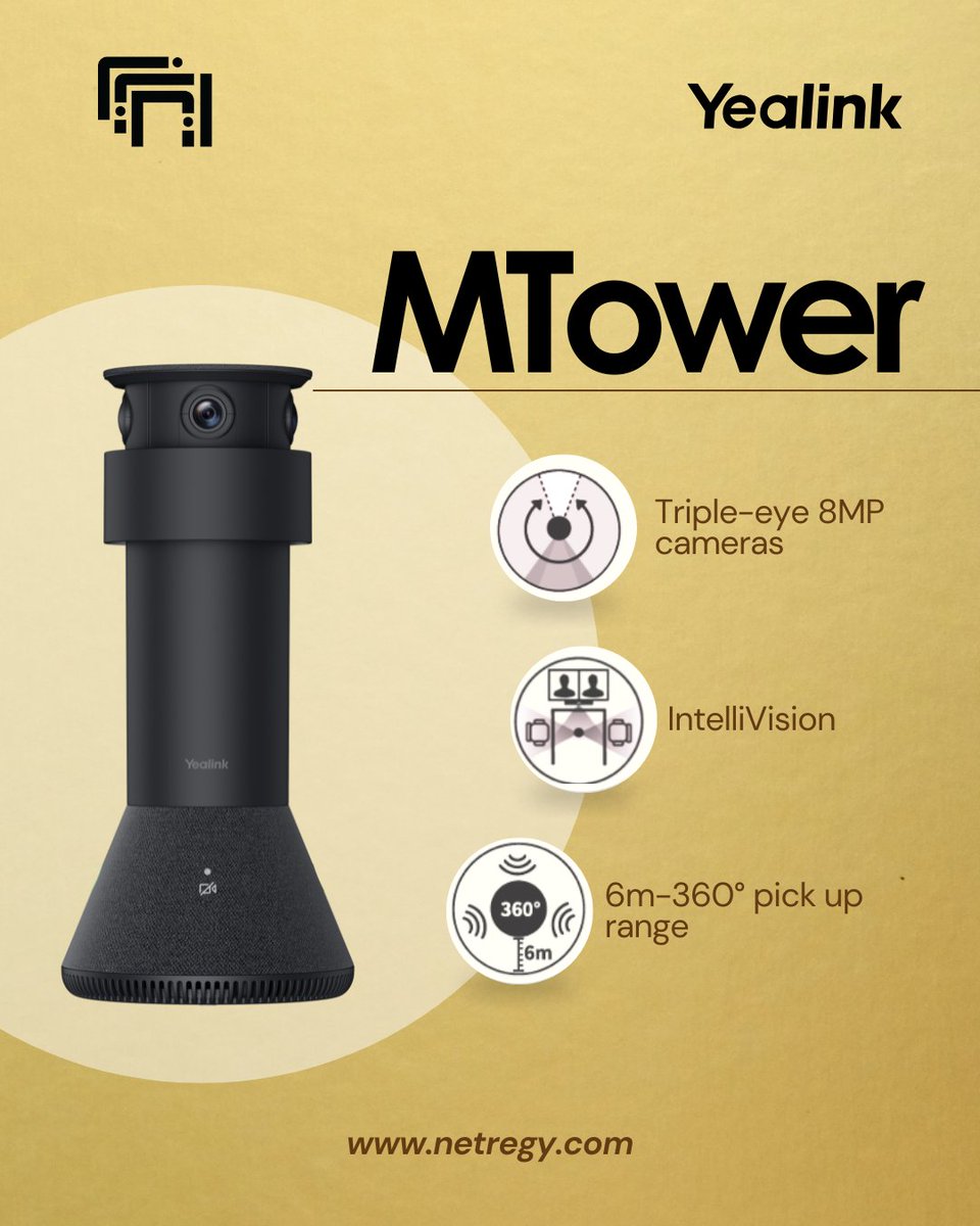Netregy's tweet image. 🎥✨ Revolutionize your meetings with the MTower — triple 8MP 4K cams, 6+1 beamforming mics &amp;amp; IntelliVision tech for face-on clarity.
✔️ MagLev Privacy Cover
✔️ 3m voice pickup
✔️ Sleek design
Stay seen. Stay heard.
🔗 netregy.com
#MTower #Yealink  #SmartMeetingTech