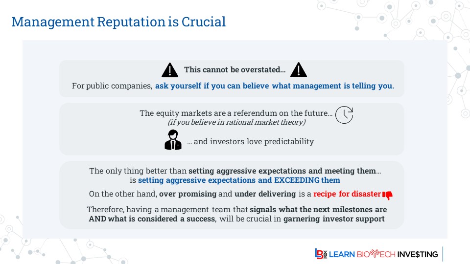 learnbiotech's tweet image. A key variable for investors is management reputation

A lot that happens inside a company that is critical for success is outside of public view 

Investors must ask themselves if they believe management is giving an accurate assessment, both good &amp;amp; bad

#learnbiotechinvesting