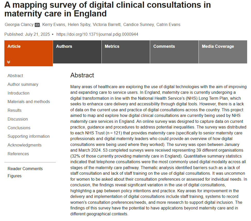 _GClancy's tweet image. Our mapping survey on the use of #digital consultations in #maternitycare in England has been published! We highlight variation in use & between policy & practice, & rec staff training, recording women's preference & more research on digital inclusion: doi.org/10.1371/journa…