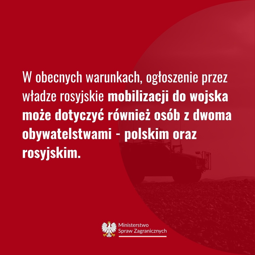 MSZ_RP's tweet image. 📢 NIE PODRÓŻUJ DO ROSJI
‼️ Obywatele RP posiadający również obywatelstwo rosyjskie są traktowani w świetle rosyjskiego prawa wyłącznie jako obywatele Federacji Rosyjskiej.
🌐 Więcej informacji na ⤵️
gov.pl/web/rosja/info…