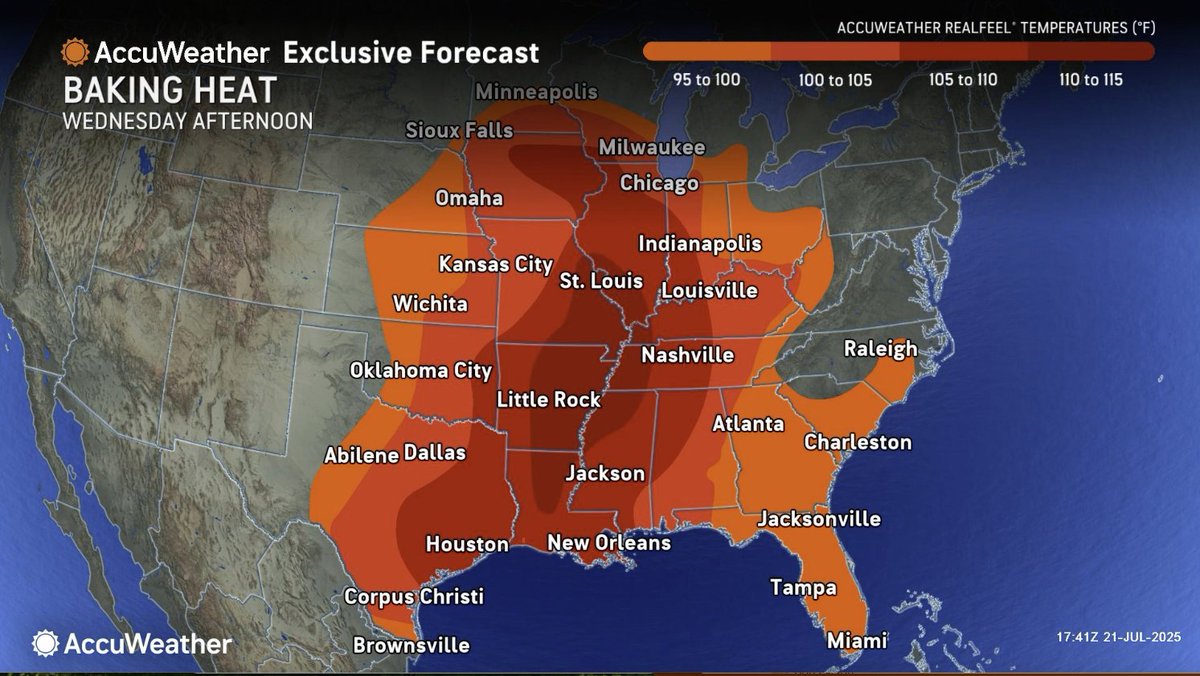 kmoxnews's tweet image. Weather @accuweather TUESDAY
*EXTREME HEAT WARNING THROUGH THURSDAY EVENING; REALFEELS WILL BE IN THE 100s TO 110s!*
•Today-Partly sunny with some spotty storms. High 92.
•Tonight-Clear, warm and very humid. Low 78.
•Tomorrow-Mostly sunny and Hot. High 98.
