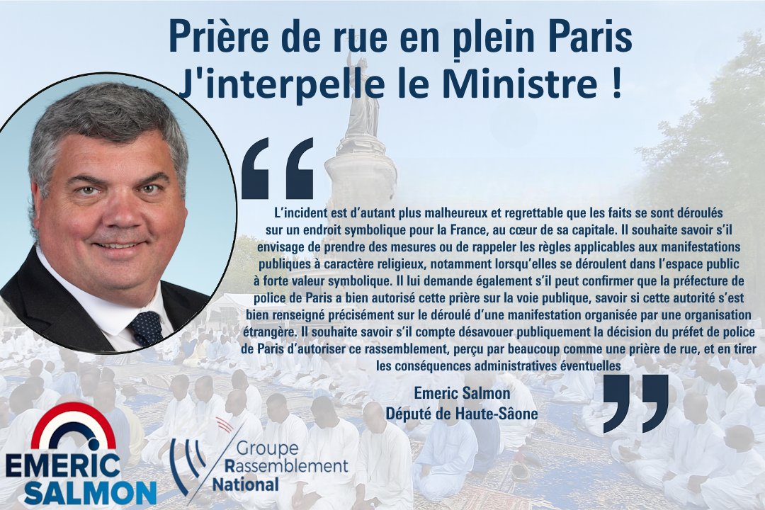 EmericSalmon's tweet image. Prière de rue ou démonstration politique ?

Le 19 juillet, la place de la République a été transformée en mosquée à ciel ouvert.

J’interpelle le ministre de l’Intérieur : faut-il tout accepter, même au cœur de nos symboles ?