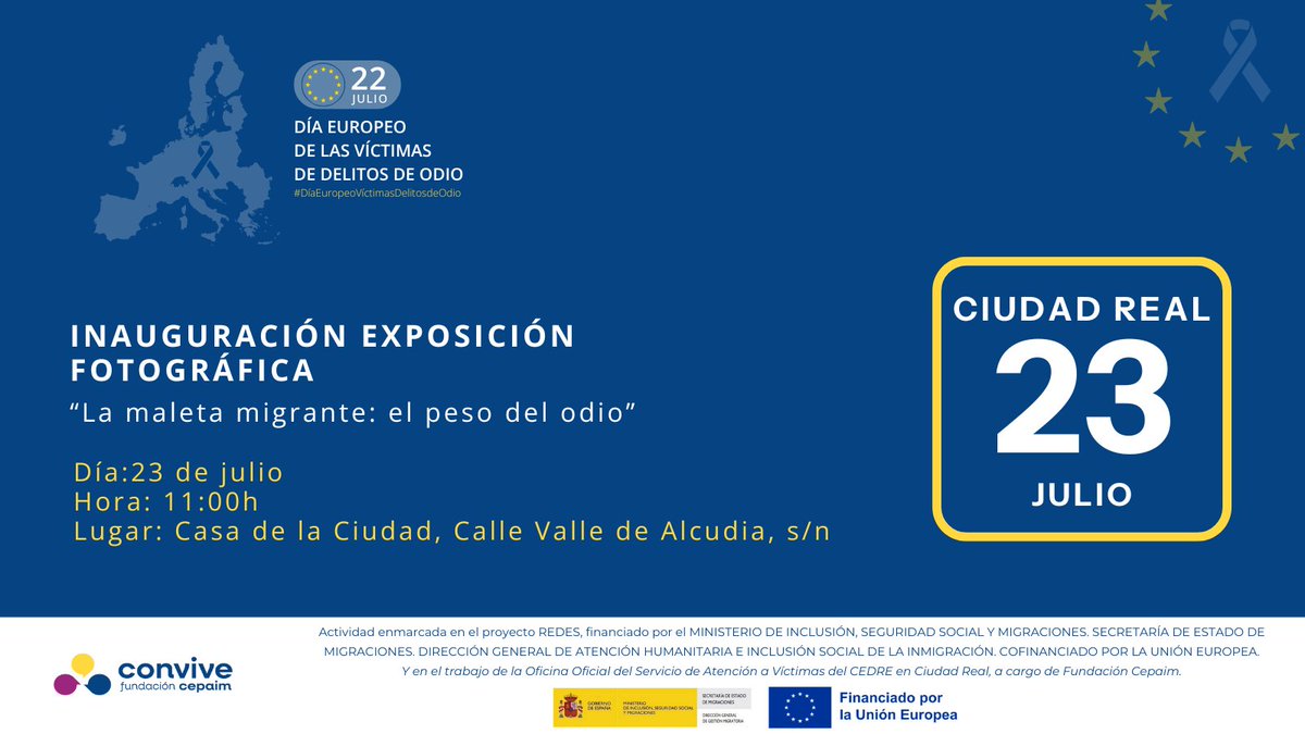 📍Ciudad Real

🎒 La maleta migrante: el peso del odio
Una exposición que invita a reflexionar sobre cómo el odio marca las trayectorias migratorias

🗓️ Del 22 al 31 de julio
📍 Casa de la Ciudad

➕ cepaim.org/evento/la-male…
#22J #NoAlOdio #ConvivenciaIntercultural #CiudadReal