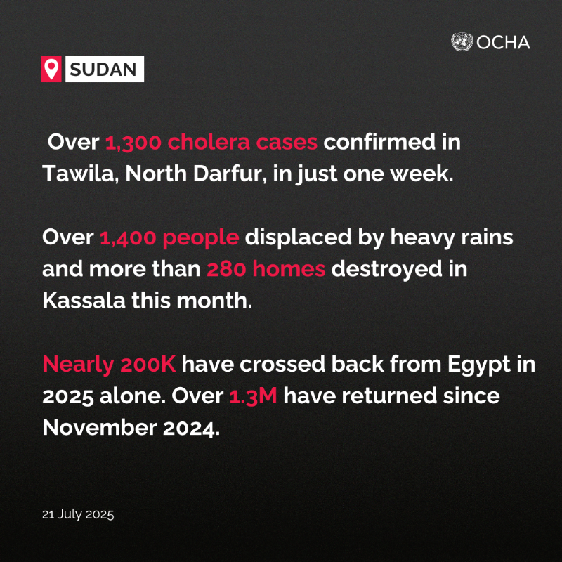 UNOCHA_Sudan's tweet photo. The humanitarian crisis in #Sudan is worsening amid a deadly cholera outbreak, floods &amp; mass returns to underserved areas. Immediate needs:

🔹Treatment centres
🔹Sanitation &amp; clean water
🔹Shelter &amp; basic services
🔹Humanitarian access

Lives are at risk. Support is critical.