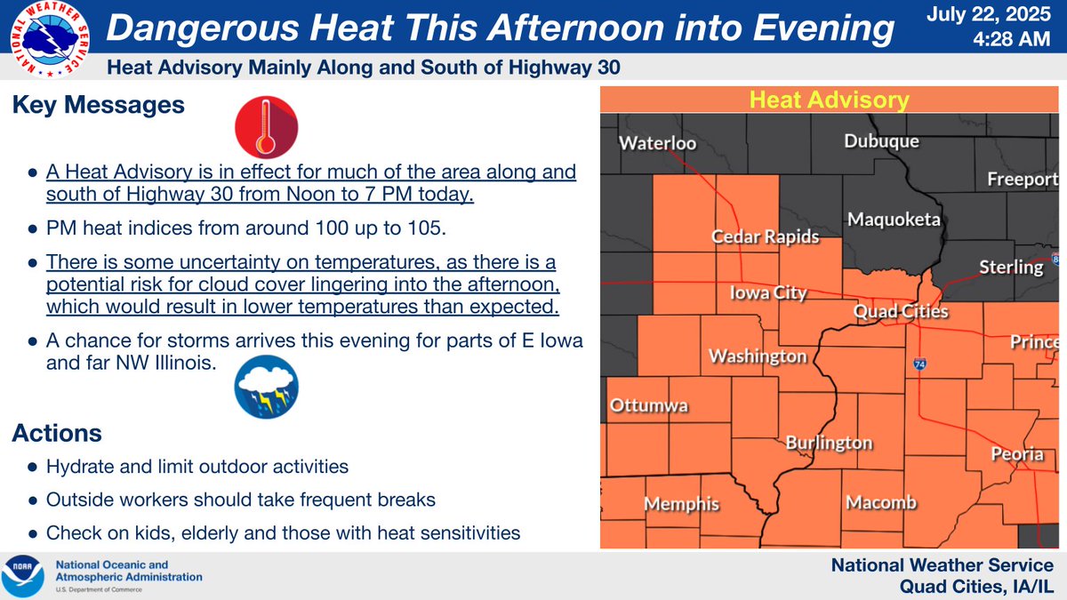NWSQuadCities's tweet image. 🥵Dangerous heat and very humid conditions will settle in over the next few days. There will also be storm chances this evening and also on Thursday with isolated severe storms possible. Stay weather aware and practice heat safety if you have to be outdoors! #iawx #ilwx #mowx
