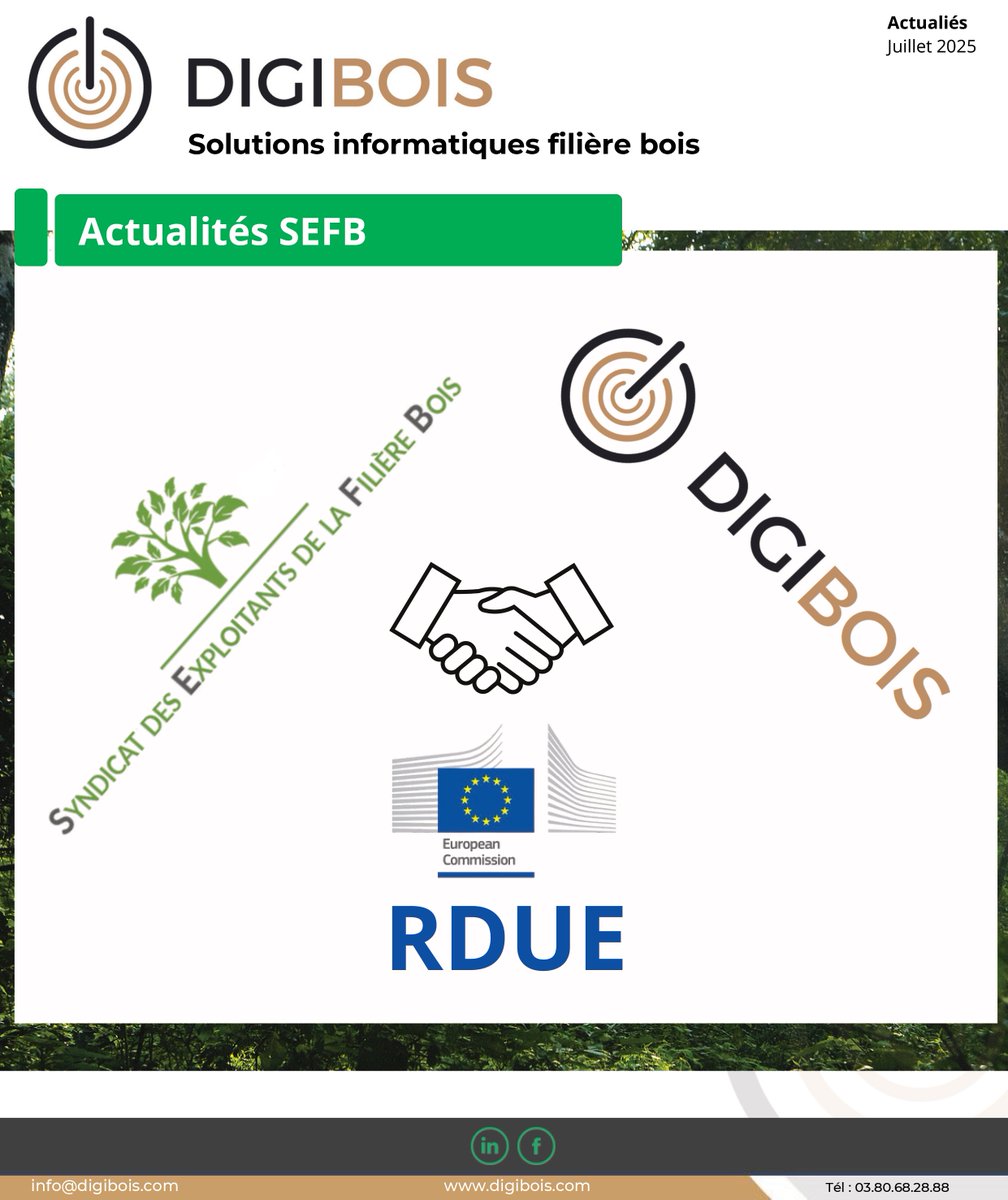 🌲 Le #SEFB &amp; #Digibois unissent leurs forces pour faciliter la conformité au #RDUE.

✅ Déclarez vos chantiers forestiers simplement
📍 Carto GPS, PDF auto, envoi UE…
📩 Contactez-nous pour en savoir plus !

#FiliereBois #Foret #Traçabilité #Déforestation #Bois
