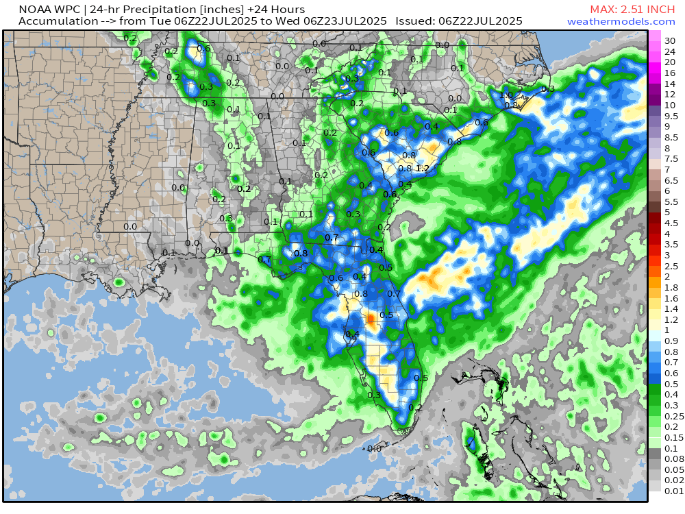 tropicalupdate's tweet image. Rainy pattern returns. Totals here for today Tuesday expected with more widespread coverage across the SE. Similar tomorrow. Juice sliding in from the Atlantic heading westbound through the week. spaghettimodels.com