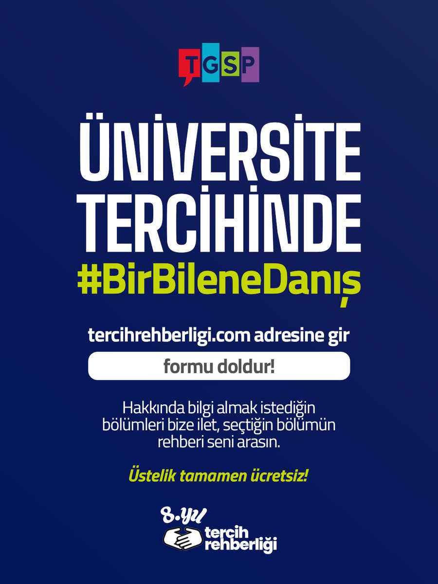 🎓 Üniversite tercihinde kafan karıştıysa #BirBileneDanış!

📲 tercihrehberligi.com adresine gir, formu doldur.
💬 Hakkında bilgi almak istediğin bölümleri bize ilet, alanında uzman bir rehber seni arasın.

💡 Üstelik tamamen ÜCRETSİZ!

#TercihRehberliği #TGSP