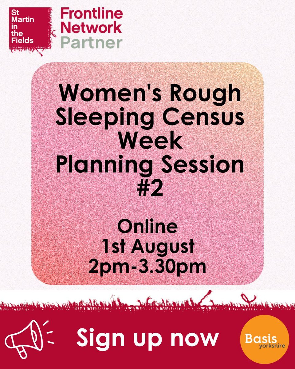 Attention all Leeds frontline workers! 📣 

Join us on August 1st from 2pm to 3:30pm for a planning and training session for the 2025 Leeds Women's rough sleeping survey. 

This event is for frontline workers in September's census week.

Sign up now: buff.ly/aBZ9444