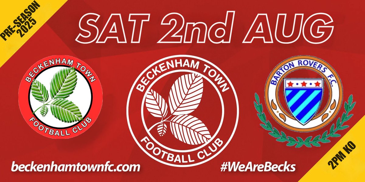 beckenhamtownfc's tweet image. PRE-SEASON UPDATE 🗓
We will face @bartonroversfc at EPA on Saturday 2 August, 2pm kick off.
We are still looking for an opponent to host on Tuesday 5 August - please contact secretary Peter Palmer (Peterpalmer3@sky.com) if you would like to give us a game.