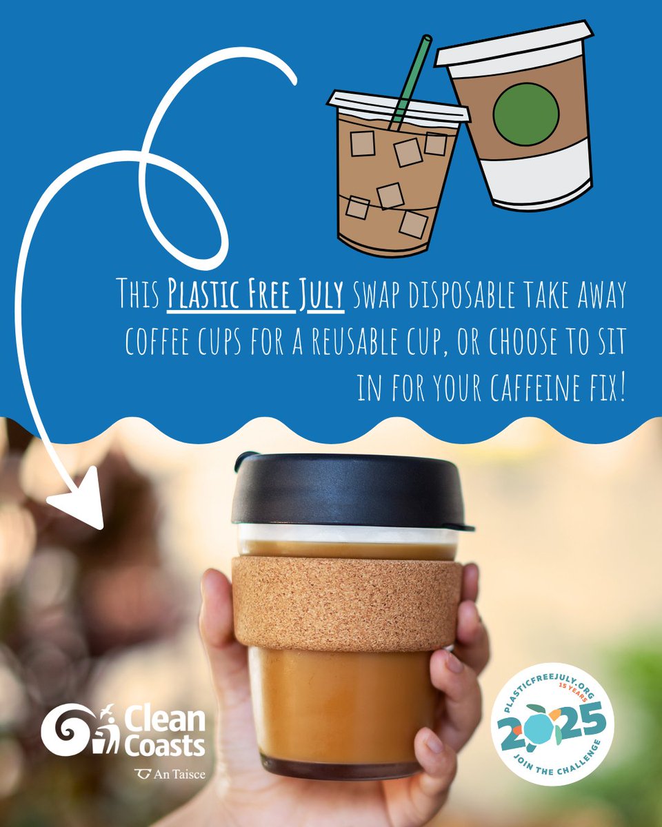 CleanCoasts's tweet image. ๐ง Skip the single-use coffee cups!
Remember to bring your reusable cup or why not choose to sit in for your coffee. Small changes make a big difference for the planet this Plastic Free July.โ
#PlasticFreeJuly #CleanCoasts