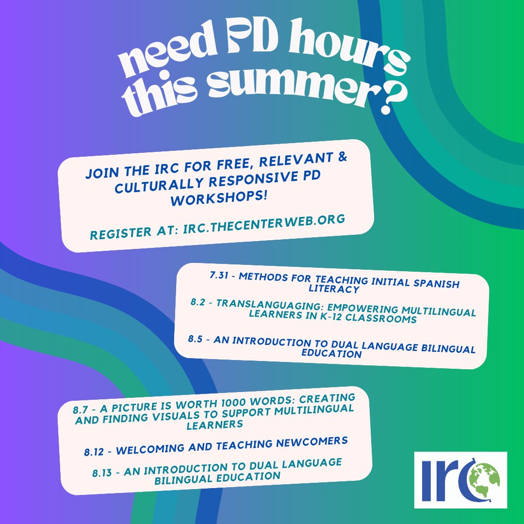 IL_Resource_Ctr's tweet image. Whether you're looking for advice on supporting newcomers, seeking guidance on starting your dual language education journey or want help with classroom visuals, our July + August webinars will help spark your learning for back-to-school!
Register here: irc.thecenterweb.org/workshops