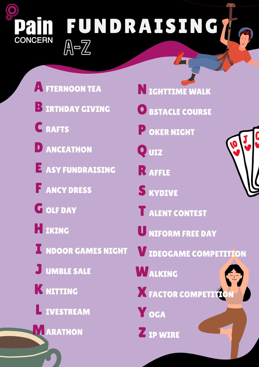Not into marathons? No problem.
Support Pain Concern your way! 🎉

From Afternoon Tea to Ziplines, our A–Z of Fundraising is full of ideas for every style and personality.

💡 Get inspired: painconcern.org.uk/fundraise/
#FundraisingIdeas #ChronicPain #PainConcern