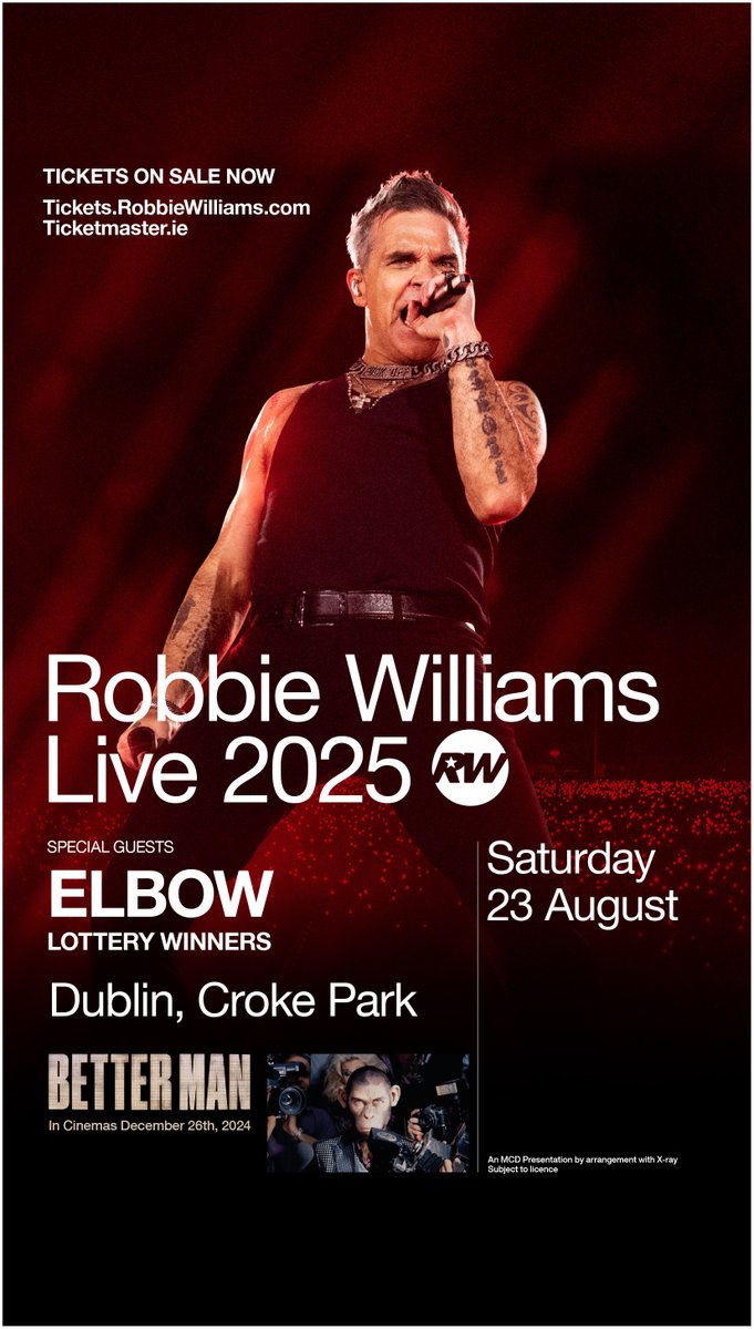 TicketmasterIre's tweet image. ⚡ 𝗘𝗫𝗧𝗥𝗔 𝗧𝗜𝗖𝗞𝗘𝗧𝗦: A limited numbers of tickets have been released for @RobbieWilliams' show at @CrokePark, Dublin on Saturday 23 August 2025.
@Elbow and @LotteryWinners will be joining as special guests on the night.
🎟️ Tickets on sale now bit.ly/44Vd1Bl