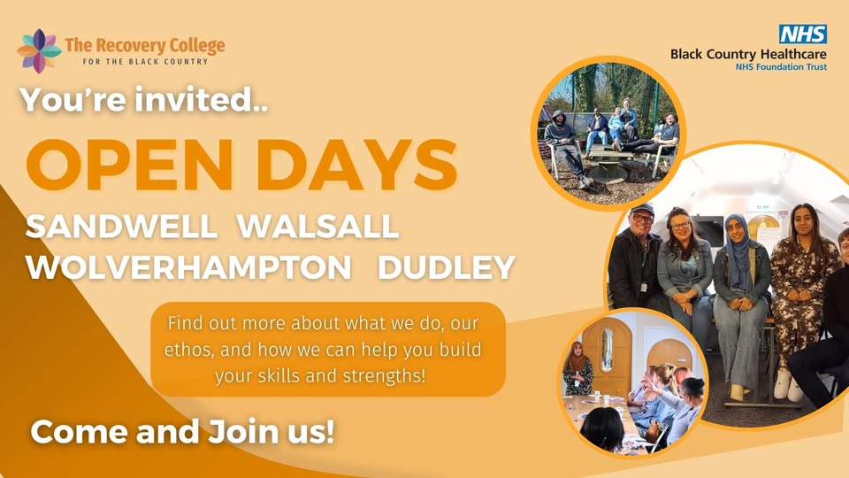 📣 Curious about The Recovery College? Come along to one of our Open Days this August!

📅 Walsall – Monday 4 August 2025
📅 Sandwell - Wednesday 6 August 2025
📅 Wolverhampton - Wednesday 13 August 2025
📅Dudley - Friday 15 August 2025 

Full details: ow.ly/RKb650WsB9U