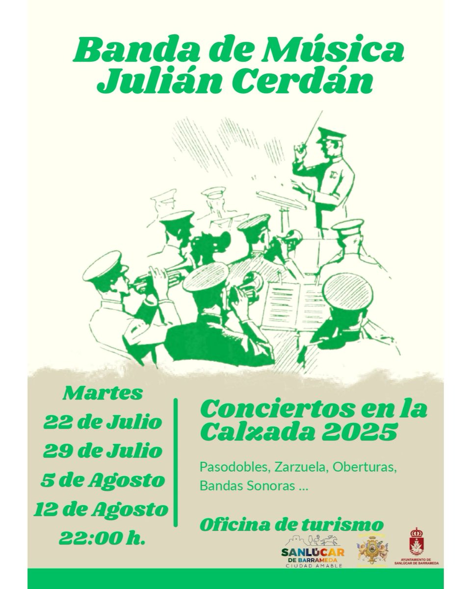 B.M. Julián Cerdán (@bmjuliancerdan) on Twitter photo 🔴 AGENDA
PRIMER CONCIERTO EN LA CALZADA
📆 Martes 22 de julio
⏰ 22:00 h
⛪Calzada de la Duquesa Isabel (Oficina de Turismo)
🌍 Sanlúcar de Barrameda
<a href="/AytoSanlucar/">Ayuntamiento de Sanlúcar de Barrameda</a>
#SuenaJuliánCerdán 🔴 AGENDA
PRIMER CONCIERTO EN LA CALZADA
📆 Martes 22 de julio
⏰ 22:00 h
⛪Calzada de la Duquesa Isabel (Oficina de Turismo)
🌍 Sanlúcar de Barrameda
<a href="/AytoSanlucar/">Ayuntamiento de Sanlúcar de Barrameda</a>
#SuenaJuliánCerdán