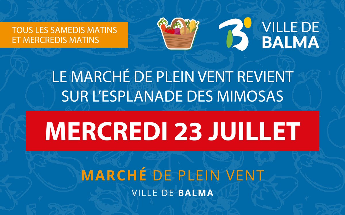 📣 Pour rappel, le Marché de plein vent revient sur l'esplanade des Mimosas à partir de ce mercredi 23 juillet 🤩

🙋‍♂️🍎🥬 À demain sur le Marché !