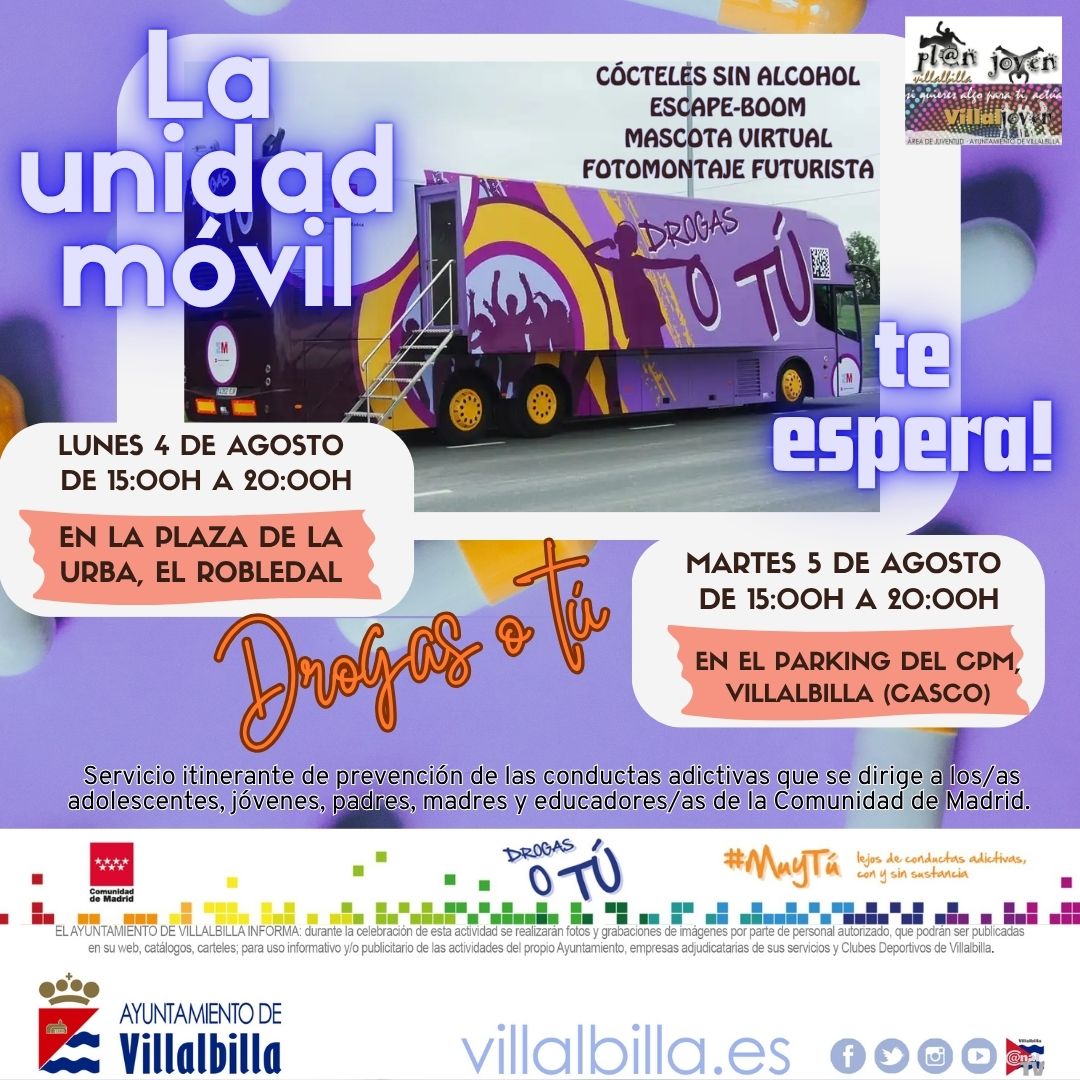 🚐 La unidad móvil “Drogas o Tú” llega a #Villalbilla con actividades gratuitas para prevenir adicciones entre jóvenes y familias.
📍 4 AGO – Plaza de la Urba, El Robledal
📍 5 AGO – Parking del CPM (casco)
🕒 15:00 a 20:00 h
Escape-room, cócteles sin alcohol y más 
#villalbilla