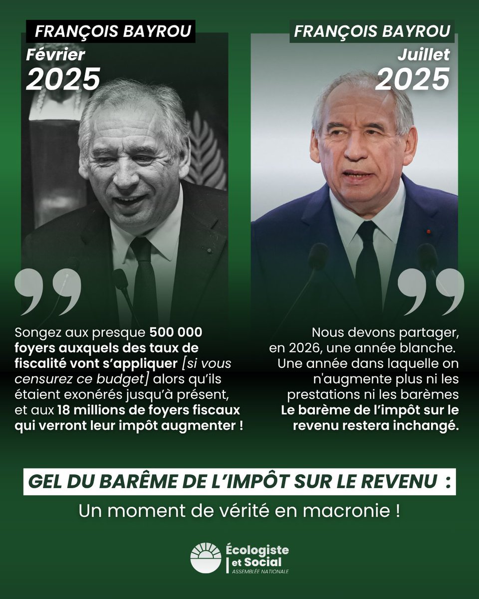 Février ➡️ F. Bayrou crie à l’irresponsabilité : censurer le budget, c’est (selon lui) risquer un gel du barème de l’impôt sur le revenu, donc une hausse d’impôt pour des millions de foyers.

Juillet ➡️ il annonce une année blanche : les barèmes seront gelés en 2026.

🤡