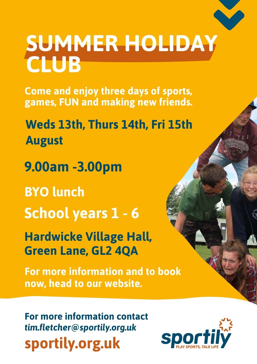 ☀️ Summer Holiday Club fun is coming to Hunts Grove! 

Join us Weds 13–Fri 15 Aug for 3 action-packed days of sports, games, and new friends.

To find out more and book now, click here: sportily.org.uk/323/Hunts-Grov…

See what other clubs are running near you: sportily.org.uk/8097/Holiday-C…