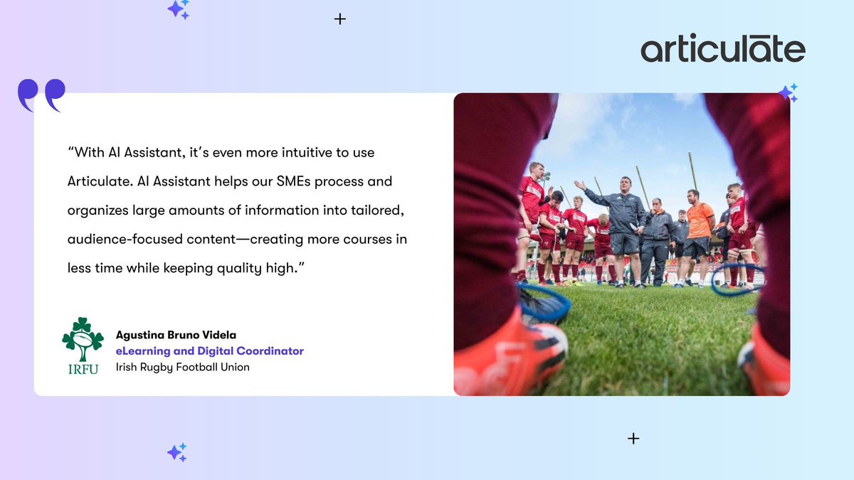 Omniplex Learning (@omniplexelearn) on Twitter photo 15 mins to draft a course.
10 new courses in 2 weeks.
75% faster SME onboarding.
πSee how the IRFU is using AI Assistant to transform learning content creation with <a href="/Articulate/">Articulate</a>.
Articulate AI here π buff.ly/bG1OQ0j
Full case study here π buff.ly/wVdrYfp 15 mins to draft a course.
10 new courses in 2 weeks.
75% faster SME onboarding.
πSee how the IRFU is using AI Assistant to transform learning content creation with <a href="/Articulate/">Articulate</a>.
Articulate AI here π buff.ly/bG1OQ0j
Full case study here π buff.ly/wVdrYfp