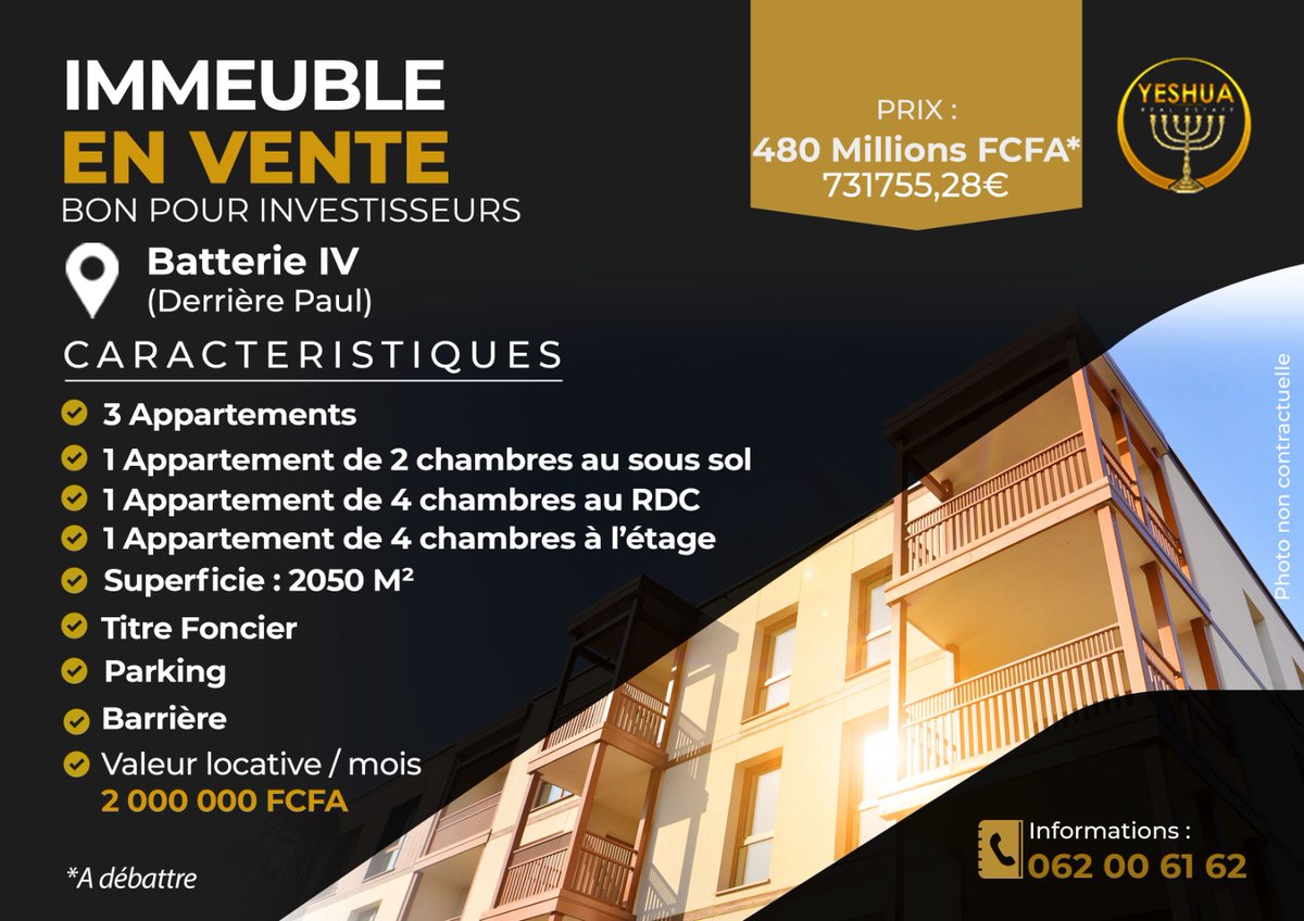 IMMEUBLE À VENDRE 
BATTERIE 4 / DERRIÈRE PAUL
BON POUR INVESTISSEURS
480 000 000 FCFA 
2 000 000 FCFA de revenus locatifs 
Superficie: 2050 mètres carrés 
3 appartements:
1 appartement de 2 chambres au sous-sol;
1 appartement de 4 chambres en RDC;*
1 appartement à l'étage etc.