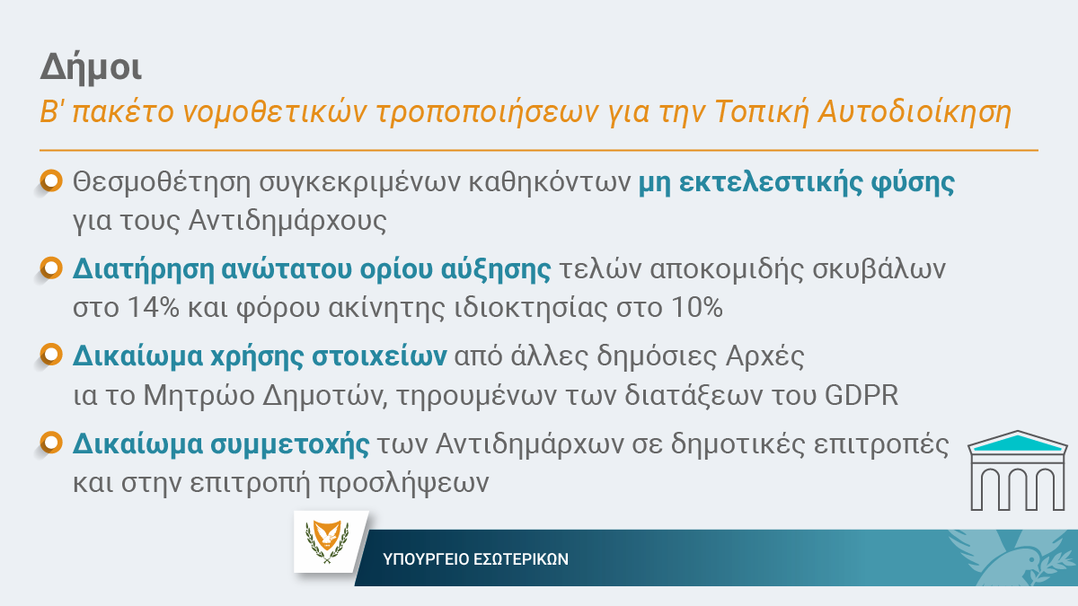 MinInteriorCY's tweet image. #ΤοπικήΑυτοδιοίκηση
👉 Εγκρίθηκε από @parliamentcy το δεύτερο πακέτο τροποποιητικών νομοσχεδίων που κατέθεσε η @CYpresidency, για την ομαλή και αποτελεσματική λειτουργία της μεταρρύθμισης της Τοπικής Αυτοδιοίκησης και τη βελτίωση των αδυναμιών που εντοπίστηκαν έγκαιρα στους…