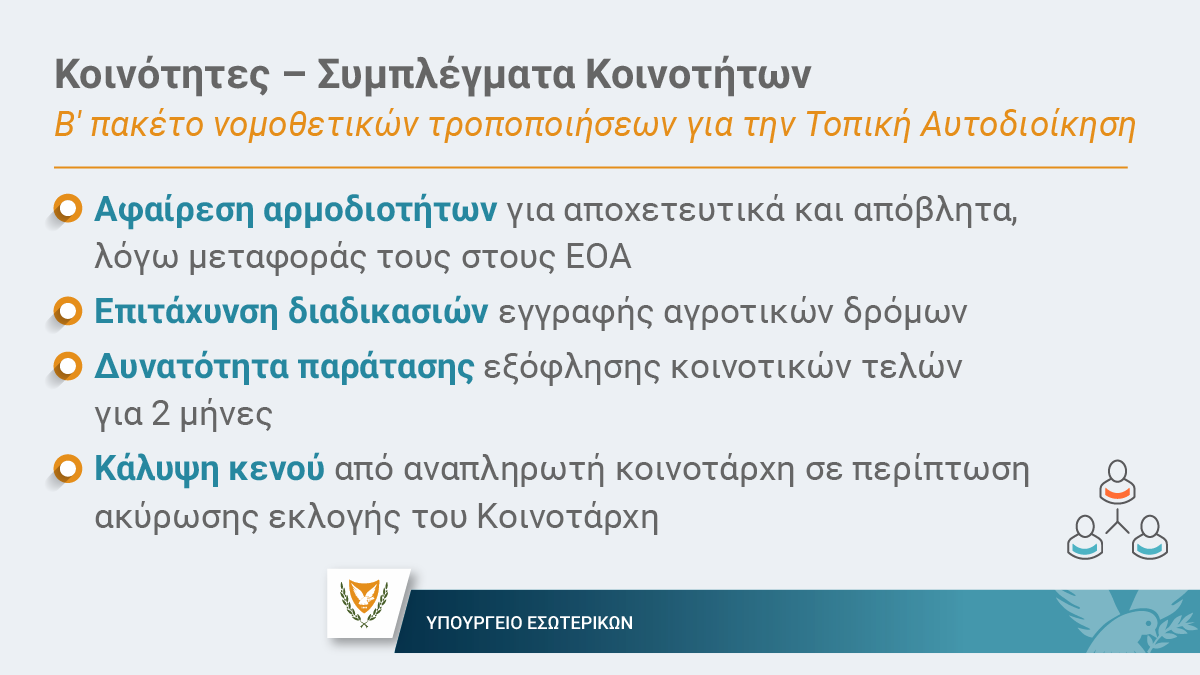 MinInteriorCY's tweet image. #ΤοπικήΑυτοδιοίκηση
👉 Εγκρίθηκε από @parliamentcy το δεύτερο πακέτο τροποποιητικών νομοσχεδίων που κατέθεσε η @CYpresidency, για την ομαλή και αποτελεσματική λειτουργία της μεταρρύθμισης της Τοπικής Αυτοδιοίκησης και τη βελτίωση των αδυναμιών που εντοπίστηκαν έγκαιρα στους…