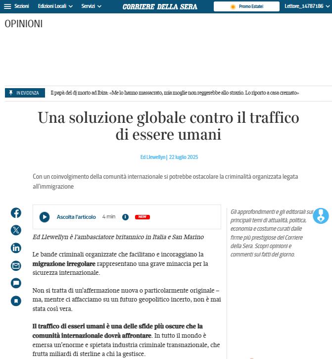 UKinItaly's tweet image. Sul @Corriere l'intervento dell'Ambasciatore ๐ฌ๐ง @EdLlewellynFCDO sul regime sanzionatorio del Governo UK contro le bande coinvolte nel traffico di esseri umani e nella migrazione irregolare, il primo al mondo in questo ambito
๐๏ธ L'articolo completo: bit.ly/4eXl9G4