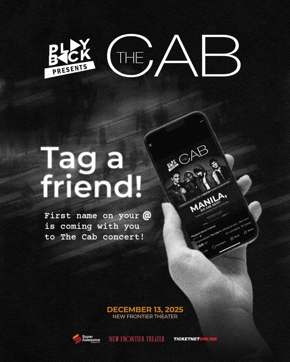 playback_fest's tweet image. Who’s coming with you at Playback Presents: The Cab in Manila? Let’s find out! 👀

Whether you’re alone or going with someone, this night gonna be worth all the wait! Grab your tickets and join us on Dec. 13 at the New Frontier Theater! ticketnet.com.ph/event-detail/T…

#PlaybackPresents