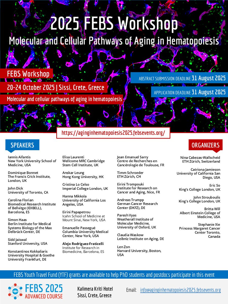 FEBSnews's tweet image. Register today for the FEBS Workshop on Aging in Hematopoiesis that will take place in Crete, 20–24 October 2025.
Enjoy an outstanding scientific program in a beautiful location (a limited number of travel grants are available; deadline 31 July).
Details:
…inginhematopoiesis2025.febsevents.org