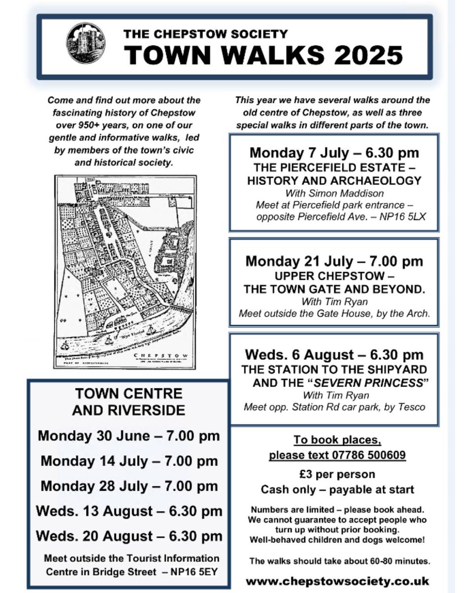 ChepstowTC's tweet image. Love local history or just curious about the town you call home? Join The Chepstow Society for a series of gentle guided walks exploring over 950 years of Chepstow’s fascinating past.
Spaces are limited – booking is essential.