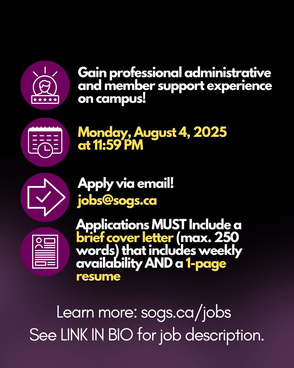📣 We're hiring one (1) FRONT OFFICE SUPPORT STAFF this summer! 🧐 Review the job description – sogs.ca/jobs.

INTERESTED IN APPLYING? Send a 📝 brief cover letter that  includes 📆 weekly availability, along with your 💼 resume to jobs@sogs.ca by August 4 at 11:59 PM.